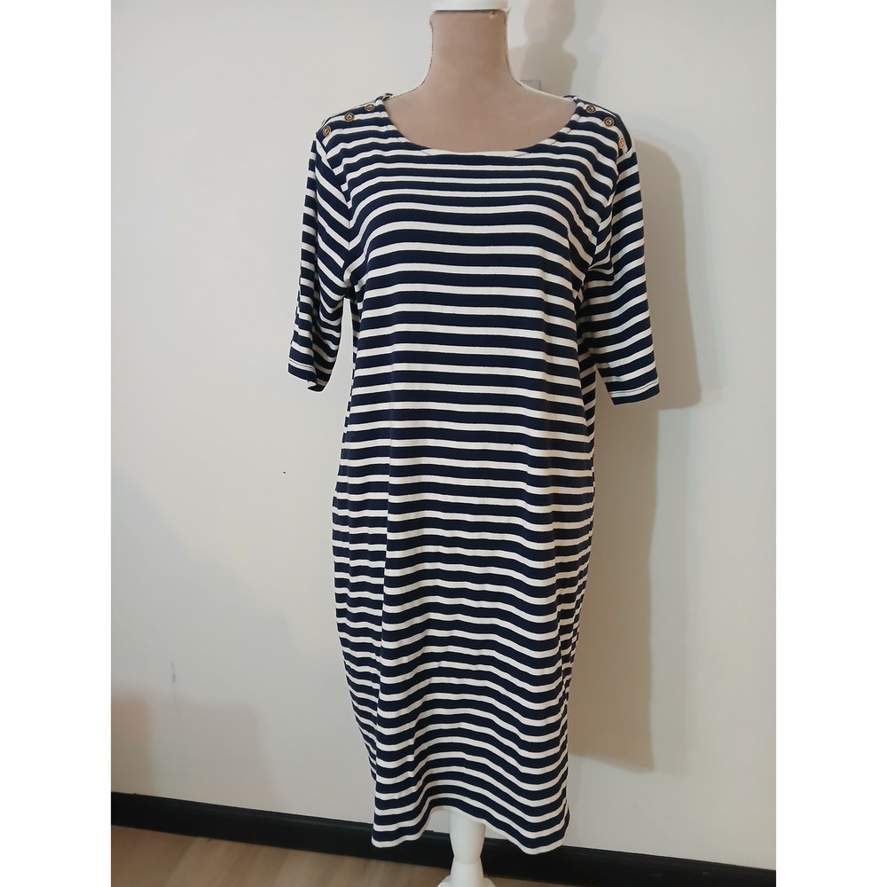 Martha Stewart Rita Navy Blue White Striped Cotton Knit Midi Dress Womens 2X